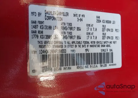 2004 Dodge Durango Slt from USA, damaged, VIN 1D4HD48N64F190553